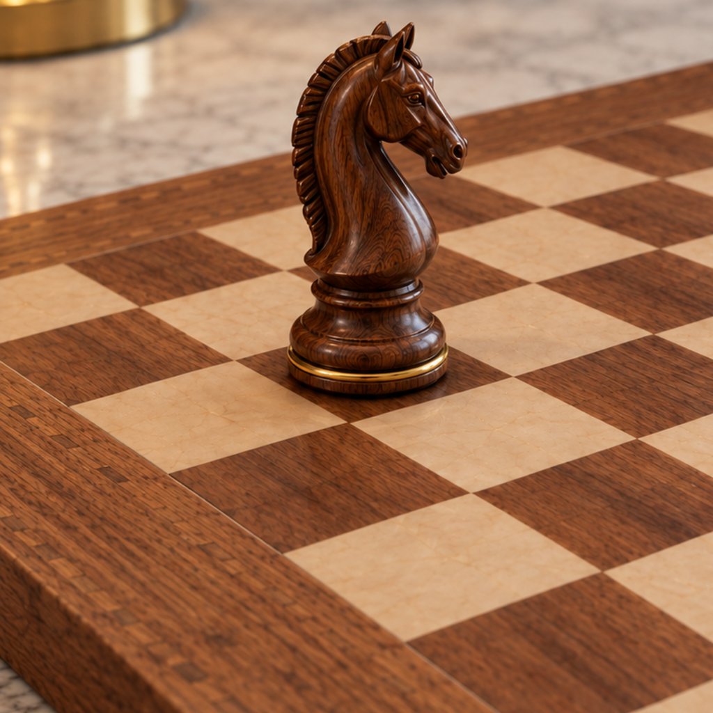 Pièce d’échecs en forme de cavalier en bois foncé, placée seule au centre d’un échiquier en bois aux cases claires et foncées, dans un intérieur élégant.