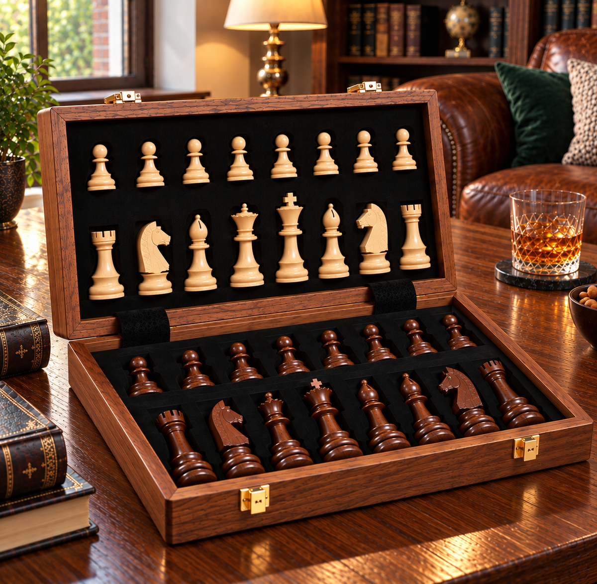 Coffret d’échecs en bois ouvert, avec les pièces claires rangées dans le couvercle et les pièces foncées soigneusement disposées dans leurs compartiments en velours noir, posé sur une table en bois dans un intérieur chaleureux.