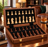 Coffret d’échecs en bois ouvert, avec les pièces claires rangées dans le couvercle et les pièces foncées soigneusement disposées dans leurs compartiments en velours noir, posé sur une table en bois dans un intérieur chaleureux.