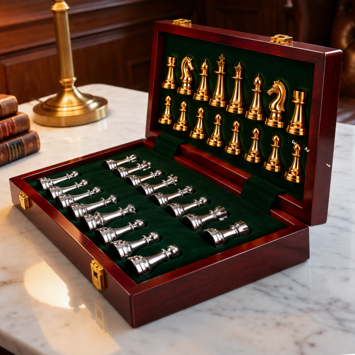 Coffret d’échecs en bois brun rouge de 30 × 30 cm, ouvert sur une table en marbre, avec intérieur vert sombre et compartiments de rangement. Les 32 pièces en alliage de zinc, aux finitions or et argent, sont soigneusement disposées dans leur logement.