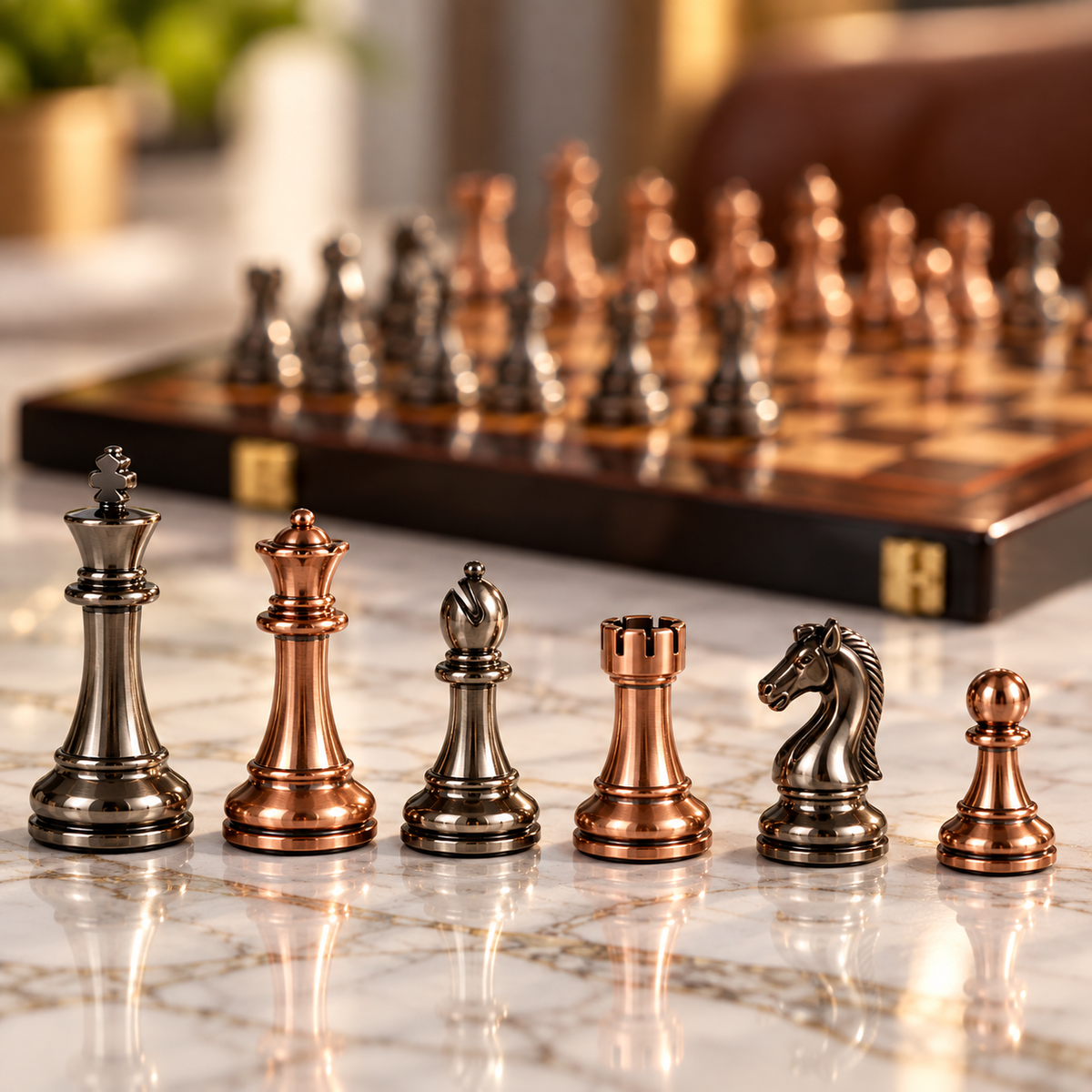 Pièces d’échecs en métal cuivre et gris acier sur marbre blanc, avec l’échiquier en bois en arrière-plan