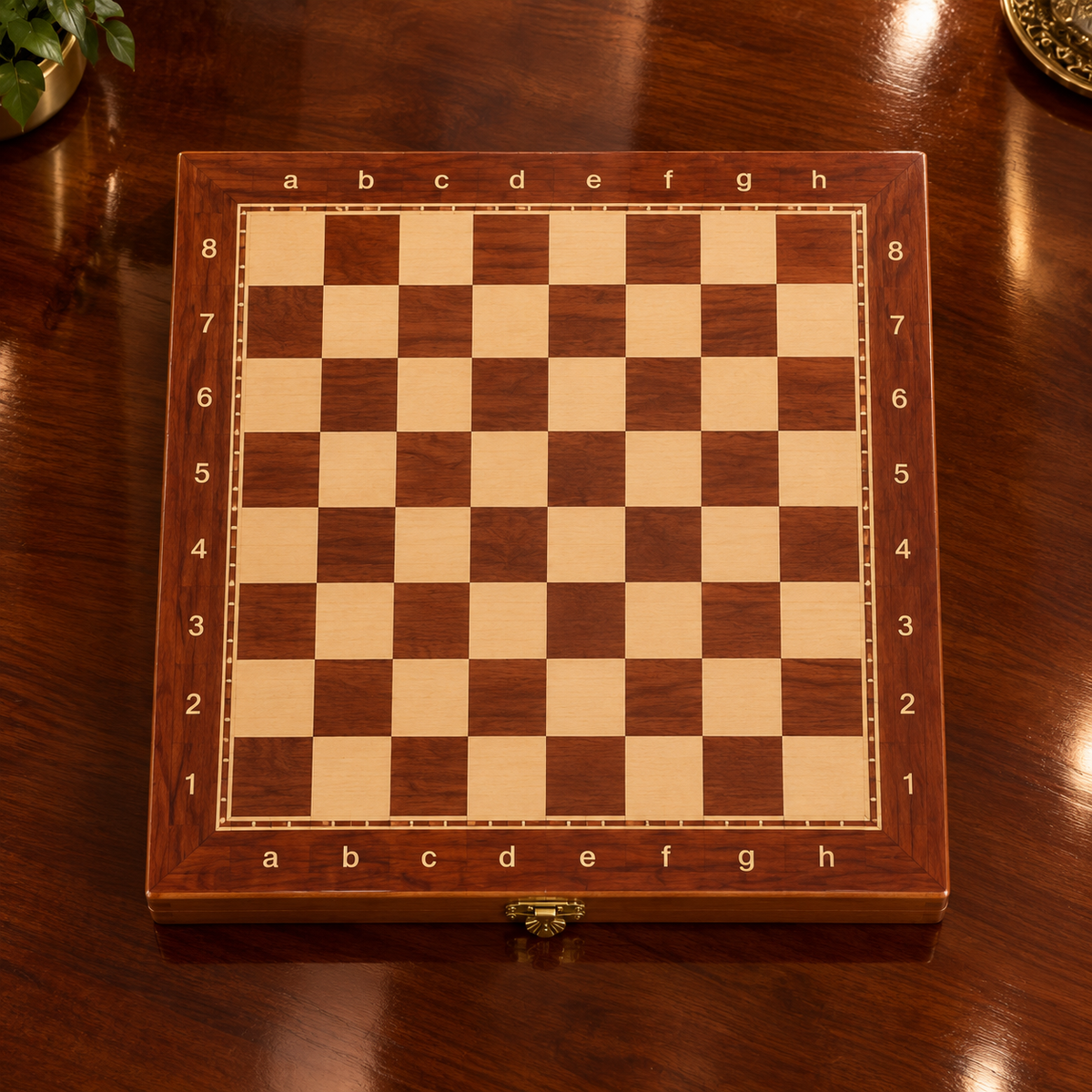 Échiquier pliant en bois de 34 × 34 cm, sans pièces, posé sur une table en bois brillant, avec cases claires et foncées, coordonnées et fermoir métallique doré.