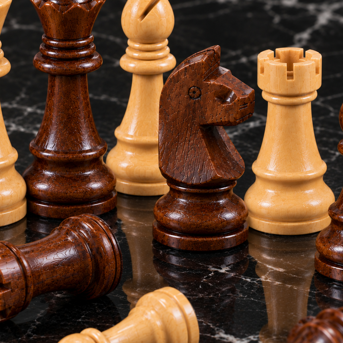 Pièces d’échecs en bois tourné, avec des pièces en bois clair naturel et d’autres en bois brun foncé. Gros plan sur un cavalier sculpté, une tour et plusieurs pièces aux formes arrondies et finitions brillantes, disposées sur une table en marbre noir veiné de blanc avec des reflets. Le grain du bois et les détails de sculpture sont visibles.