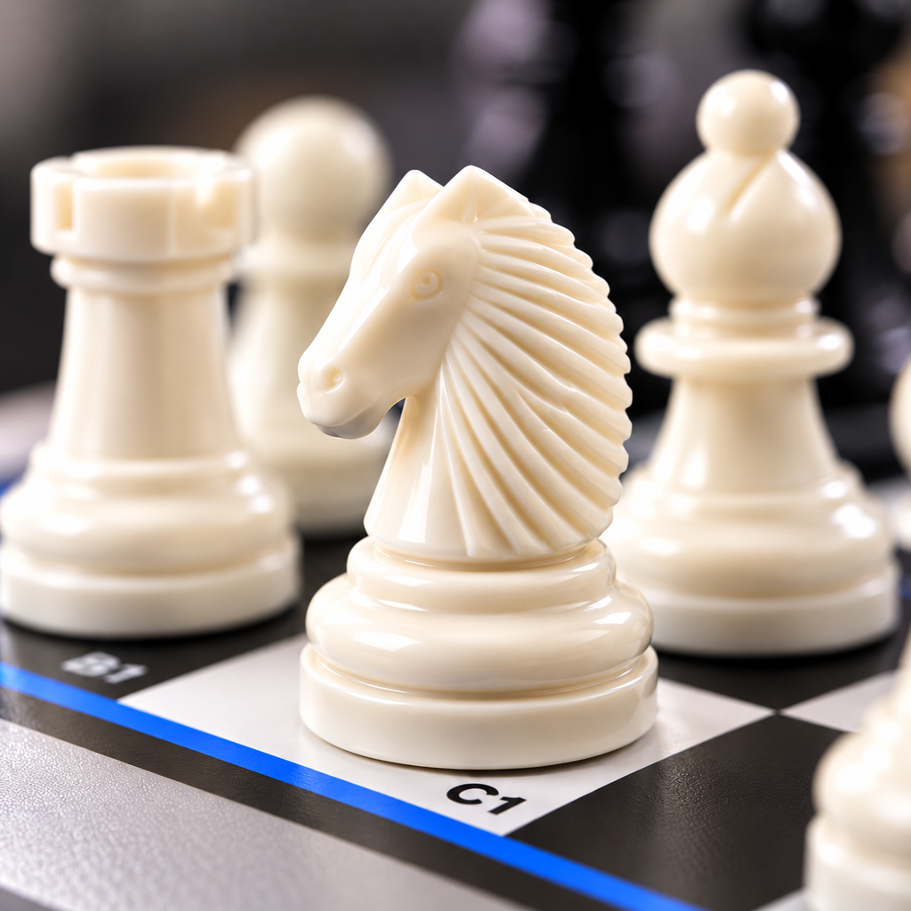 Gros plan d’un cavalier d’échecs sur une case C1, avec une tour et un fou en arrière-plan flouté sur un échiquier électronique.