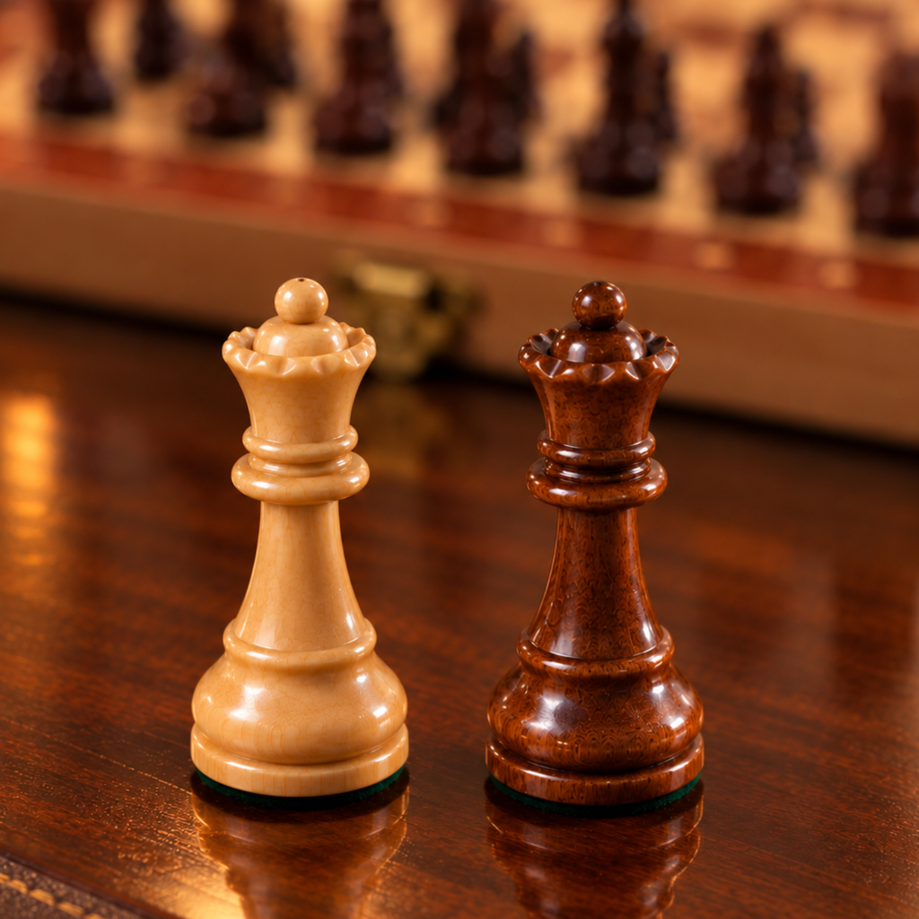 Deux reines d’échecs en bois, l’une claire et l’autre brun foncé, positionnées face à face sur une table en bois verni, avec un échiquier flou en arrière-plan.