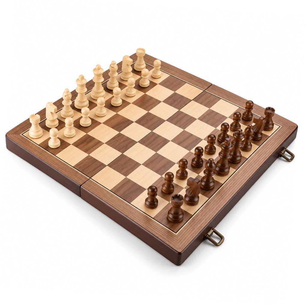 Jeu d’échecs pliable en bois de 39,4 × 39,4 cm, avec échiquier aux cases claires et brunes veinées, 34 pièces en bois tourné aimantées et coffret avec fermoirs et poignées intégrées.