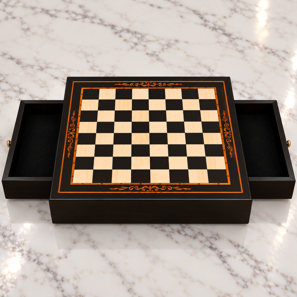Échiquier en bois avec cadre noir, damier clair et noir bordé d’un liseré cuivré et décoré d’arabesques, posé sur une surface en marbre blanc avec ses deux tiroirs ouverts.
