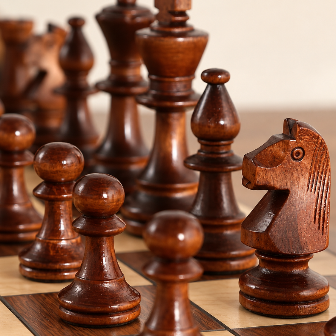 Gros plan sur des pièces d’échecs en bois brun avec un cavalier détaillé.