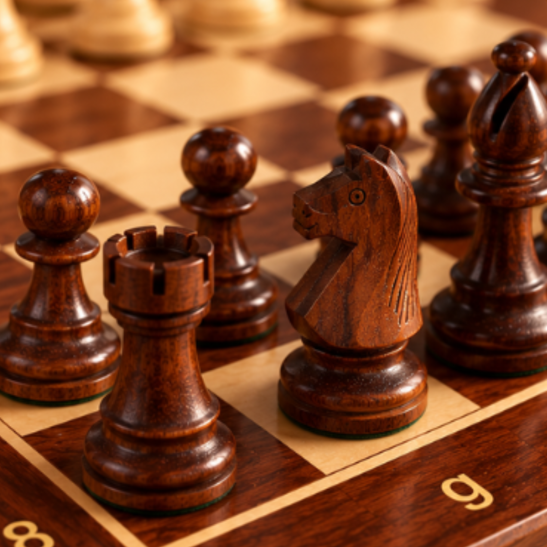 Gros plan sur des pièces d’échecs en bois foncé et clair disposées sur un échiquier en bois.