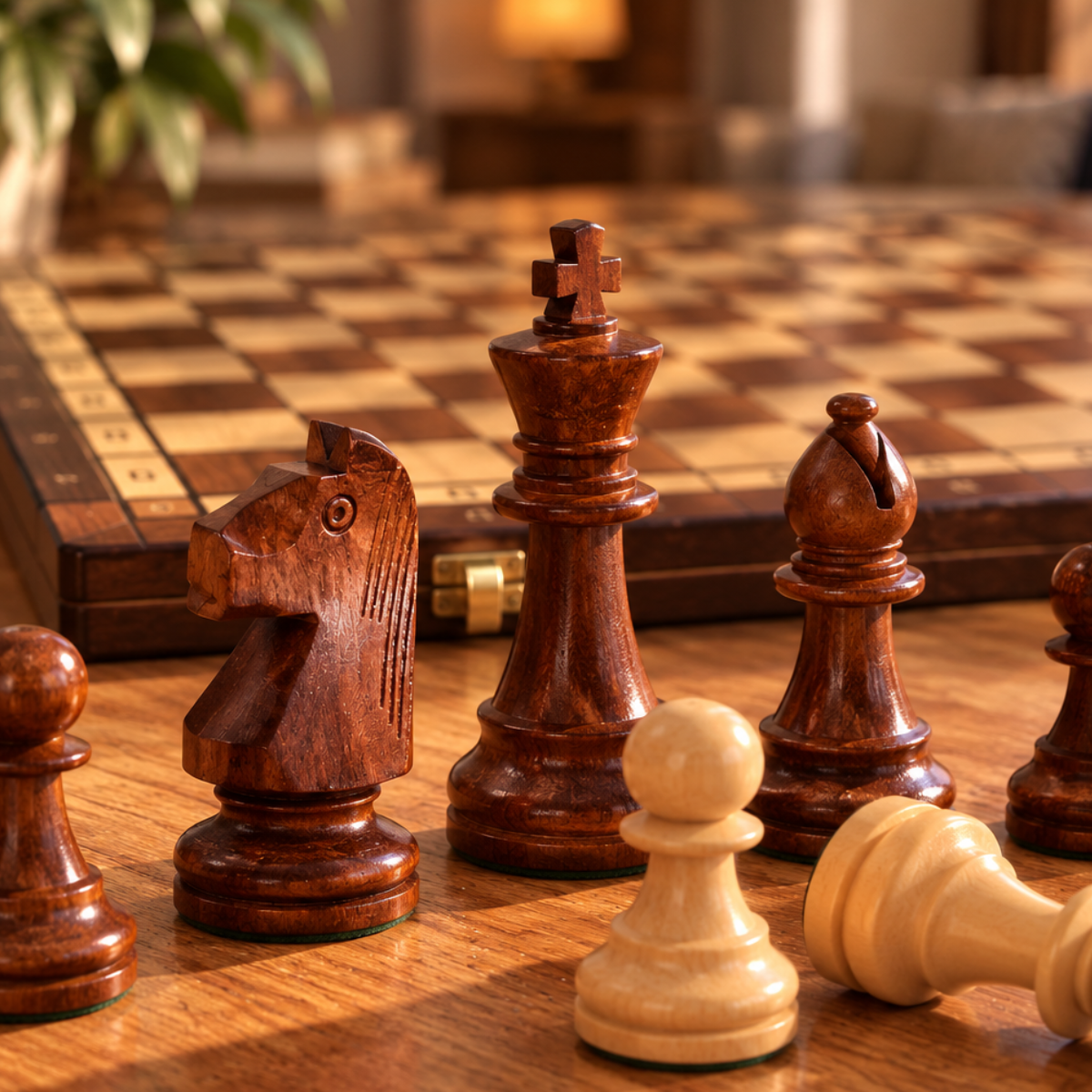 Gros plan sur des pièces d’échecs en bois tourné, claires et brun foncé, disposées sur un échiquier pliable en bois de 44 x 44 cm, avec cases veinées et coordonnées visibles sur la bordure.