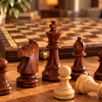 Gros plan sur des pièces d’échecs en bois tourné, claires et brun foncé, disposées sur un échiquier pliable en bois de 44 x 44 cm, avec cases veinées et coordonnées visibles sur la bordure.