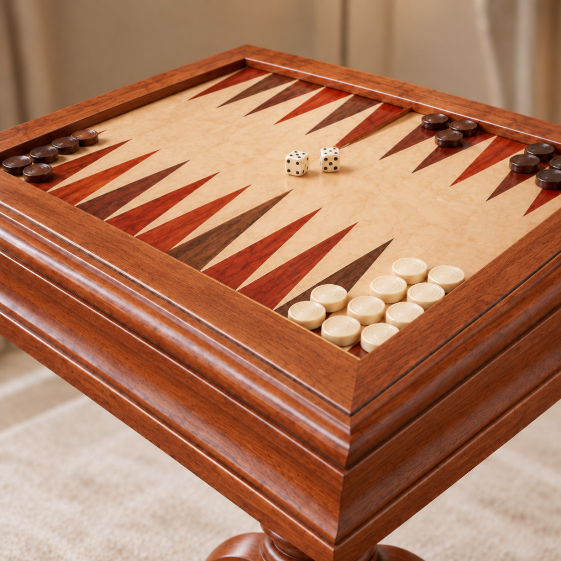 Plateau de backgammon en bois avec pions clairs et foncés disposés sur les cases triangulaires et deux dés au centre, présenté sur un pied en bois.