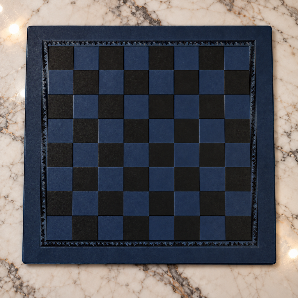 Échiquier bleu marine et noir avec bordure décorative, vu de dessus sur une table en marbre.