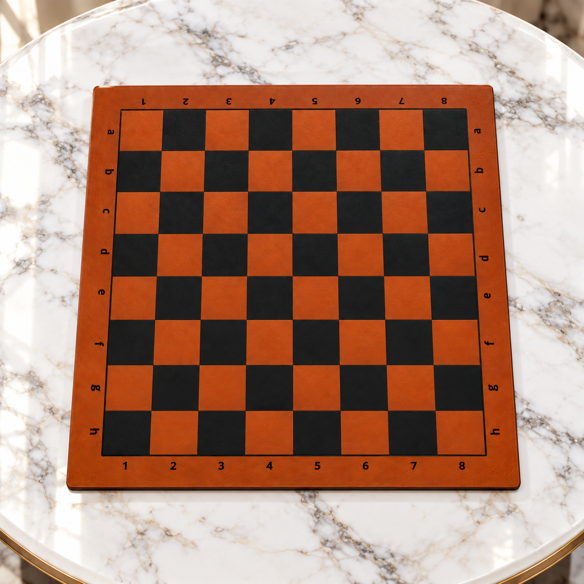 Plateau d’échecs brun avec cases brun et noires, posé sur une table en marbre.