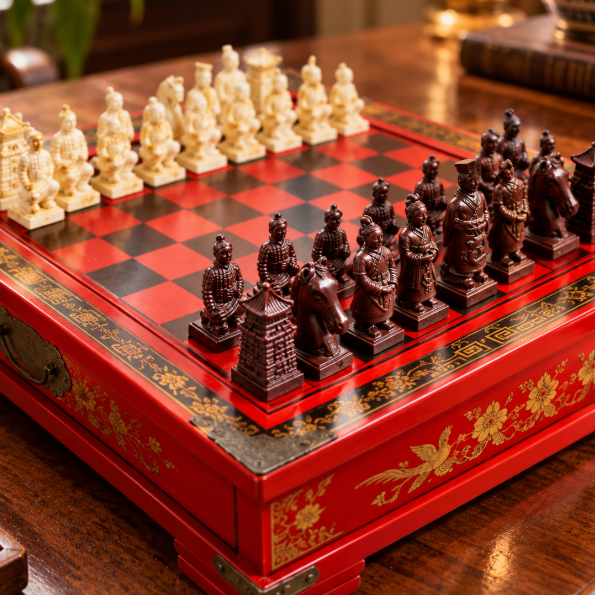 Gros plan sur un échiquier chinois rouge et noir orné de motifs dorés, avec des figurines crème et brun foncé représentant des guerriers traditionnels, posé sur une table en bois.