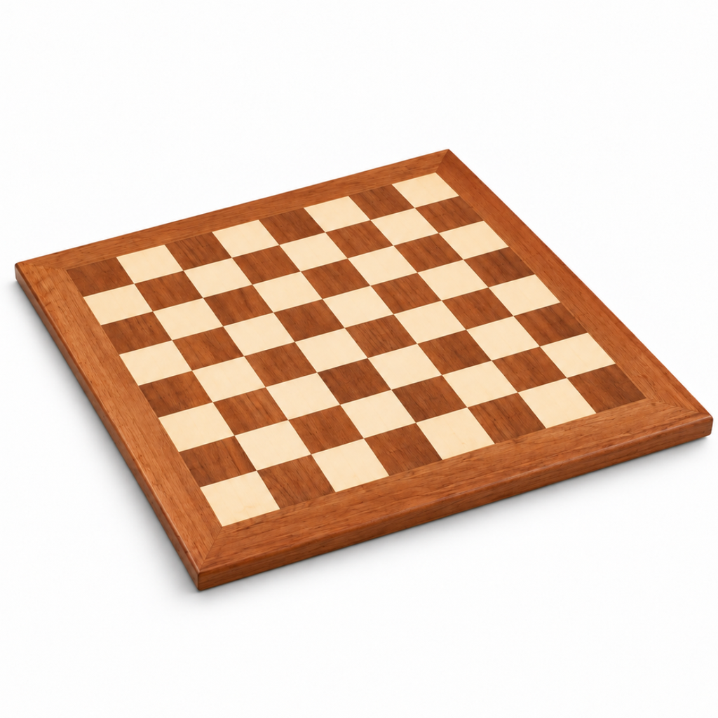 Échiquier en bois avec cases marron et beige, présenté en perspective sur fond blanc.