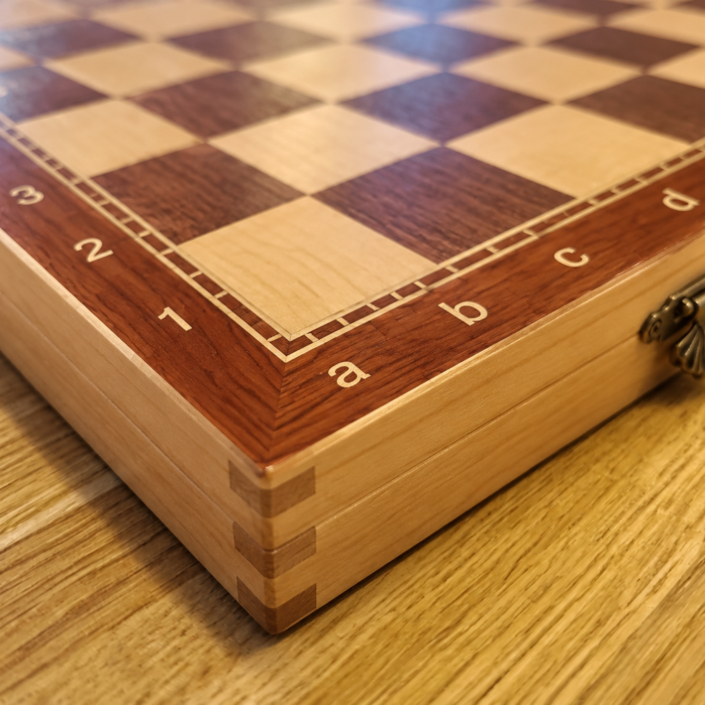 Gros plan sur un échiquier en bois avec cases marron et beige, intégré dans un coffret de rangement posé sur une table en bois.