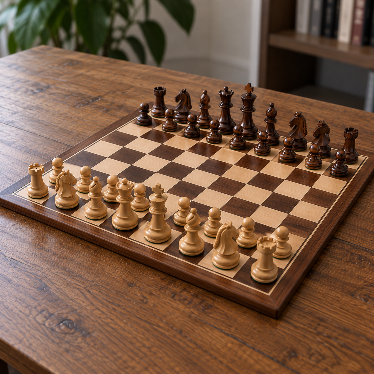 Échiquier en bois posé sur une table, avec les pièces d’échecs disposées sur le plateau dans un intérieur chaleureux et lumineux.