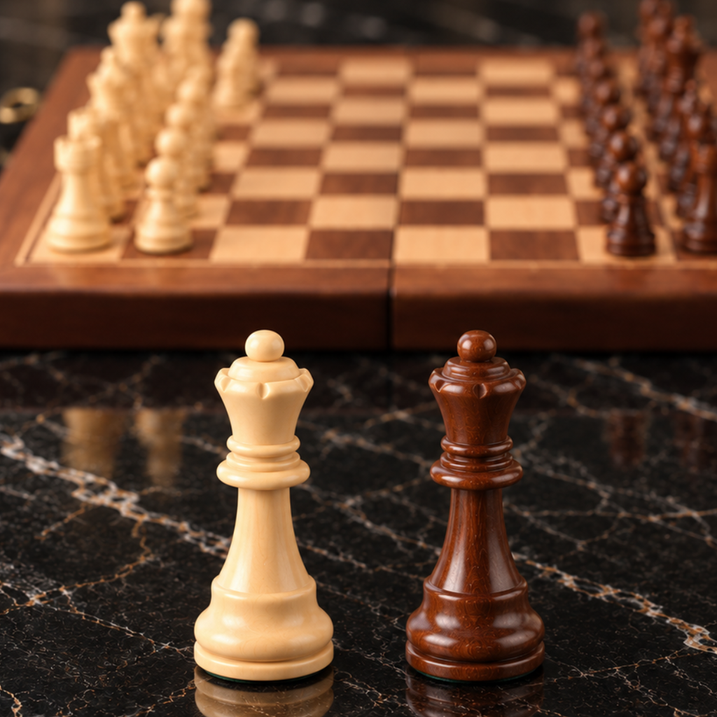 Gros plan sur deux pièces d’échecs, une reine en bois clair et une reine en bois foncé, devant un échiquier pliable en bois posé sur une table en marbre noir.