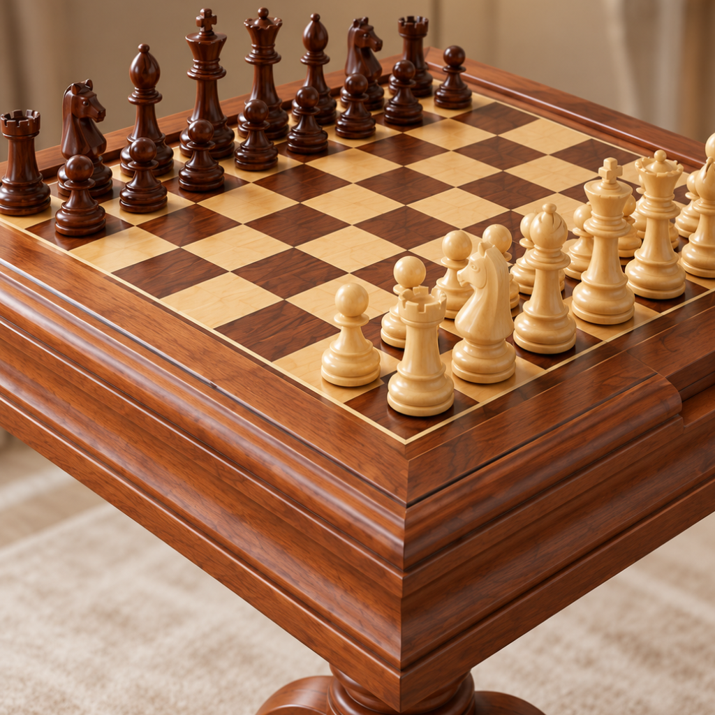 Gros plan sur un échiquier en bois aux cases claires et foncées, avec les pièces d’échecs claires et foncées disposées en position de départ.