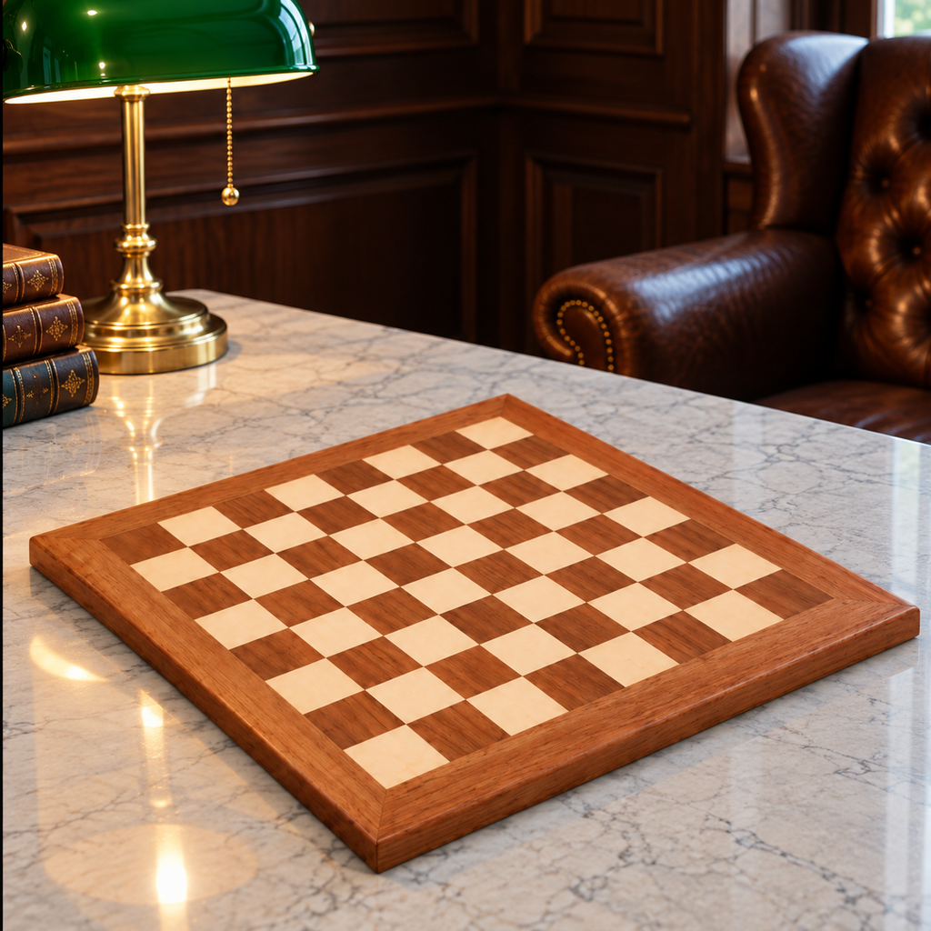 Échiquier en bois posé sur une table en marbre, dans un intérieur chaleureux avec fauteuil en cuir, lampe de bureau et livres en arrière-plan.