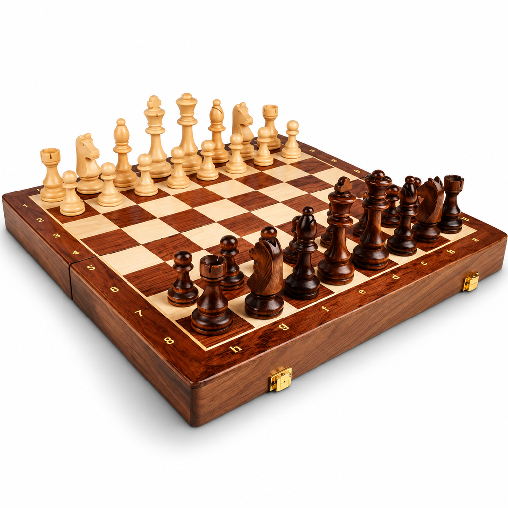 Échiquier pliable en bois avec cases claires et foncées, présenté ouvert avec ses pièces d’échecs.