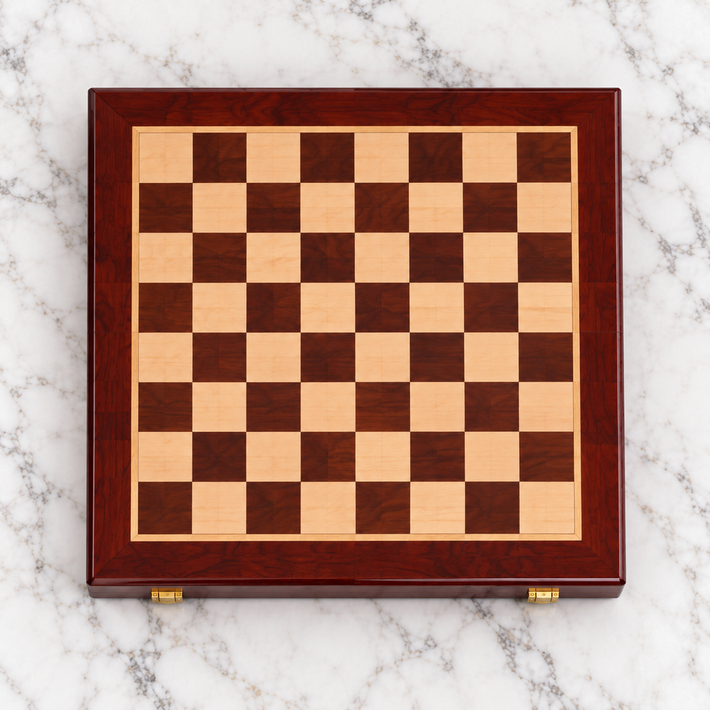 Échiquier en bois de voyage pliable, présenté ouvert sur une surface en marbre blanc, avec un damier en bois clair et brun foncé.
