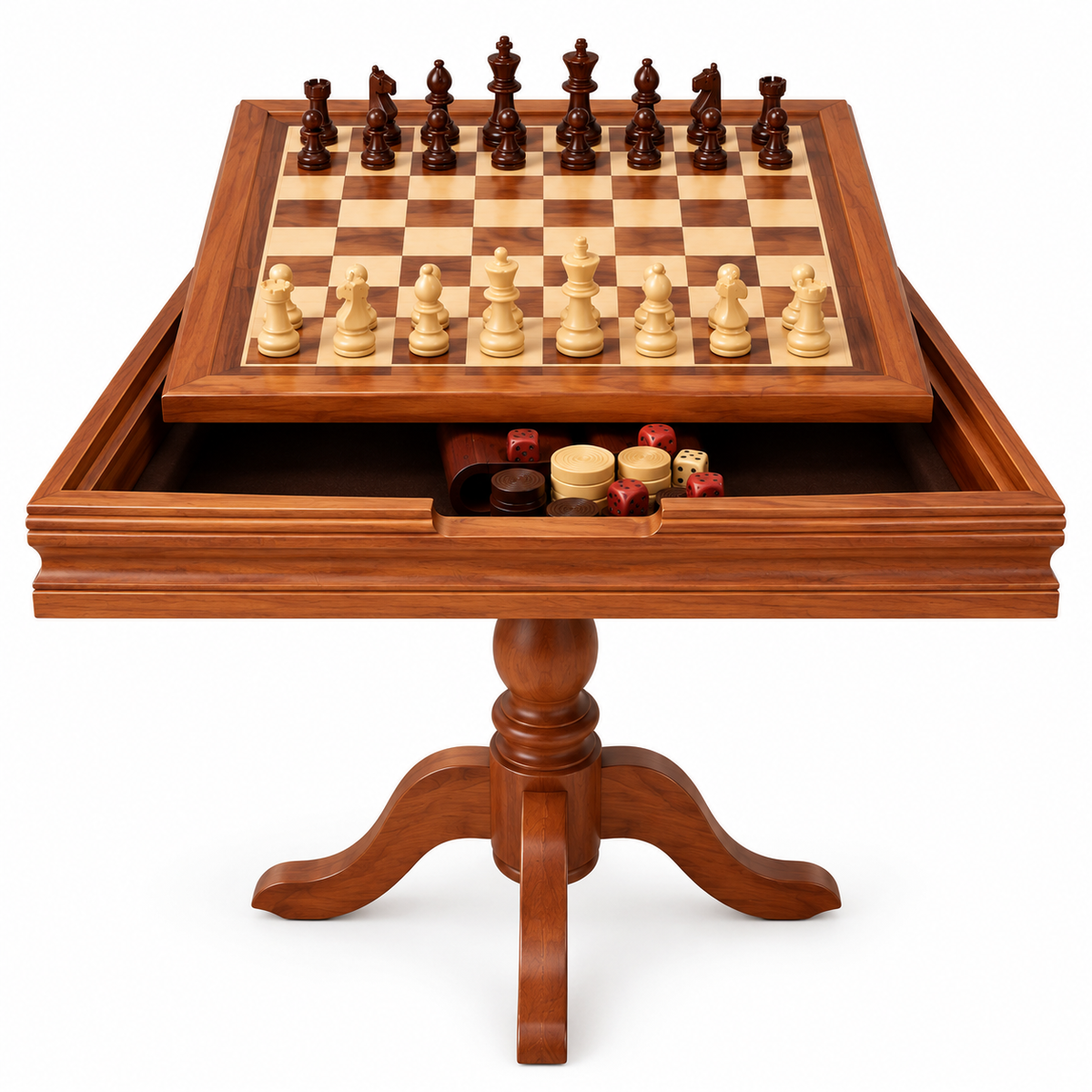 Échiquier en bois sur pied, avec pièces claires et foncées disposées sur le plateau et un compartiment de rangement ouvert contenant des jetons et des dés.
