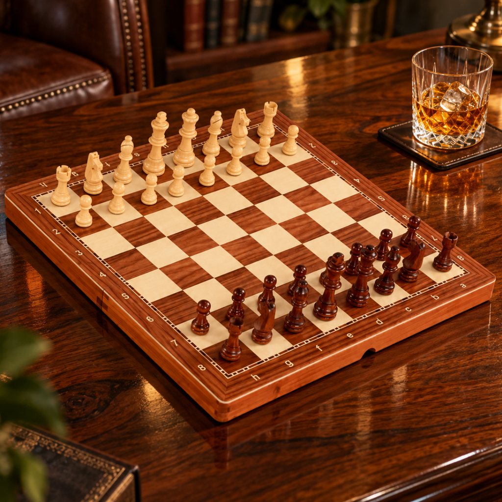 Échiquier en bois posé sur une table brillante.