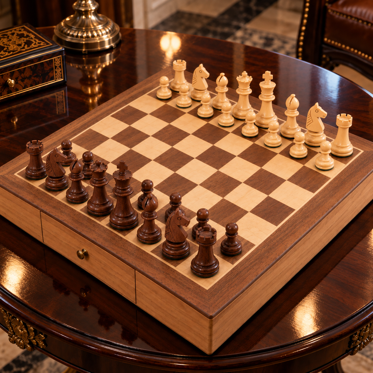 Échiquier en bois avec pièces d’échecs claires et foncées disposées sur le plateau, posé sur une table en bois sombre dans un intérieur raffiné.