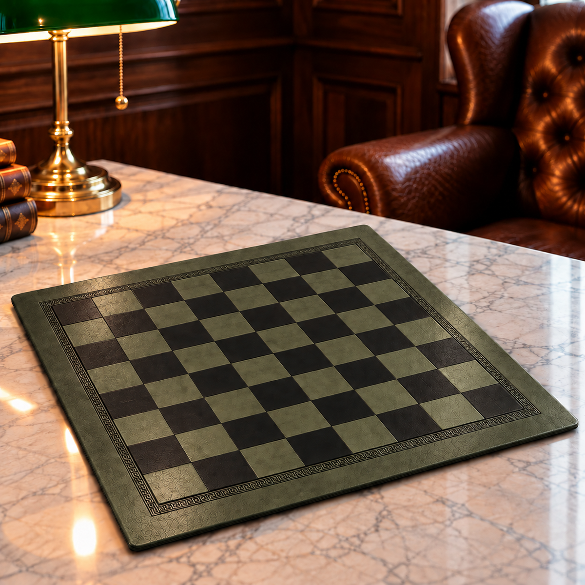 Échiquier enroulable vert olive et gris anthracite posé sur une table en marbre dans un bureau élégant, avec lampe verte et fauteuil en cuir en arrière-plan.