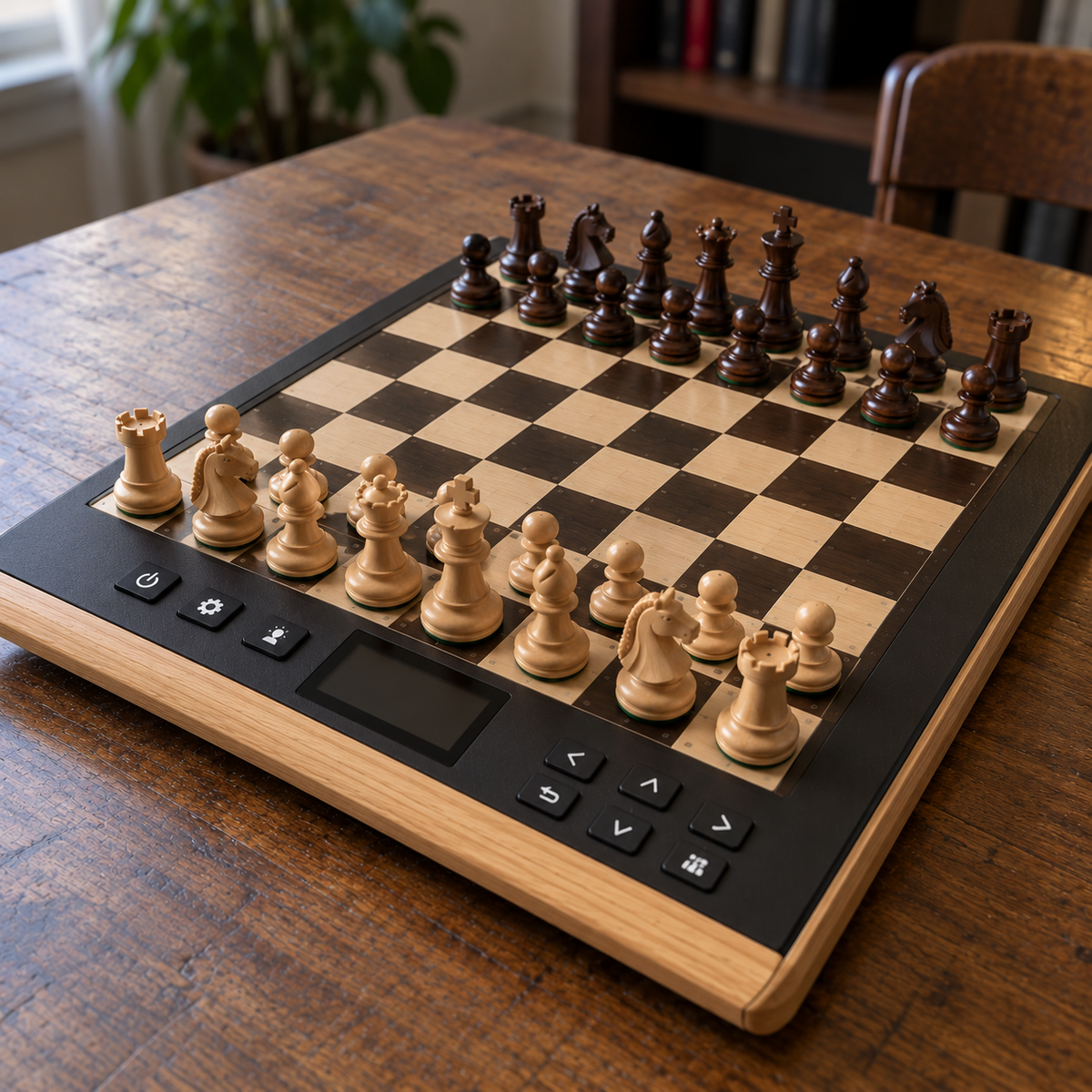 Échiquier électronique avec pièces d’échecs, écran et boutons de commande intégrés, posé sur une table en bois.