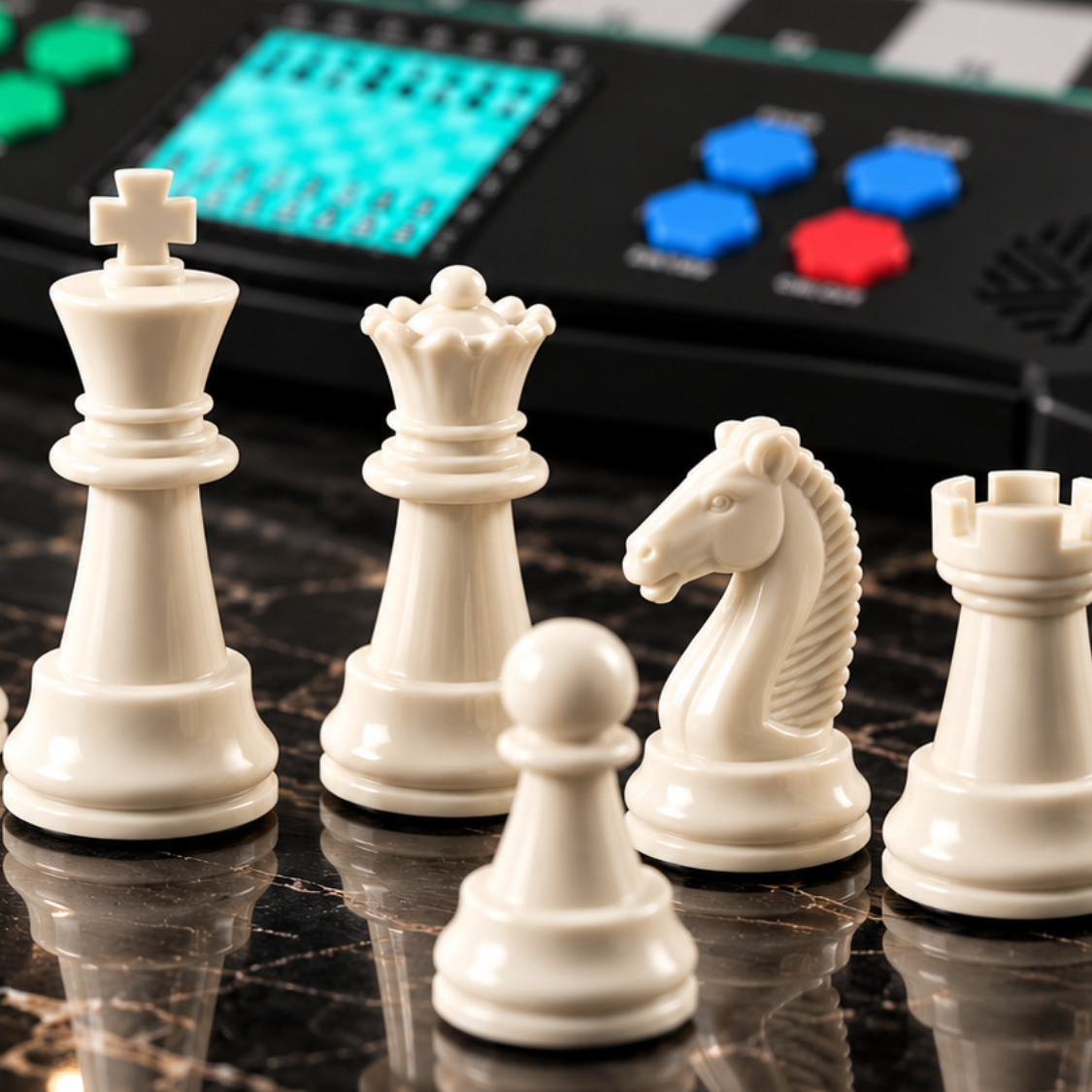 Échiquier électronique noir avec pièces d’échecs blanches, écran d’aide au jeu et intelligence artificielle intégrée, présenté sur un plateau magnétique.