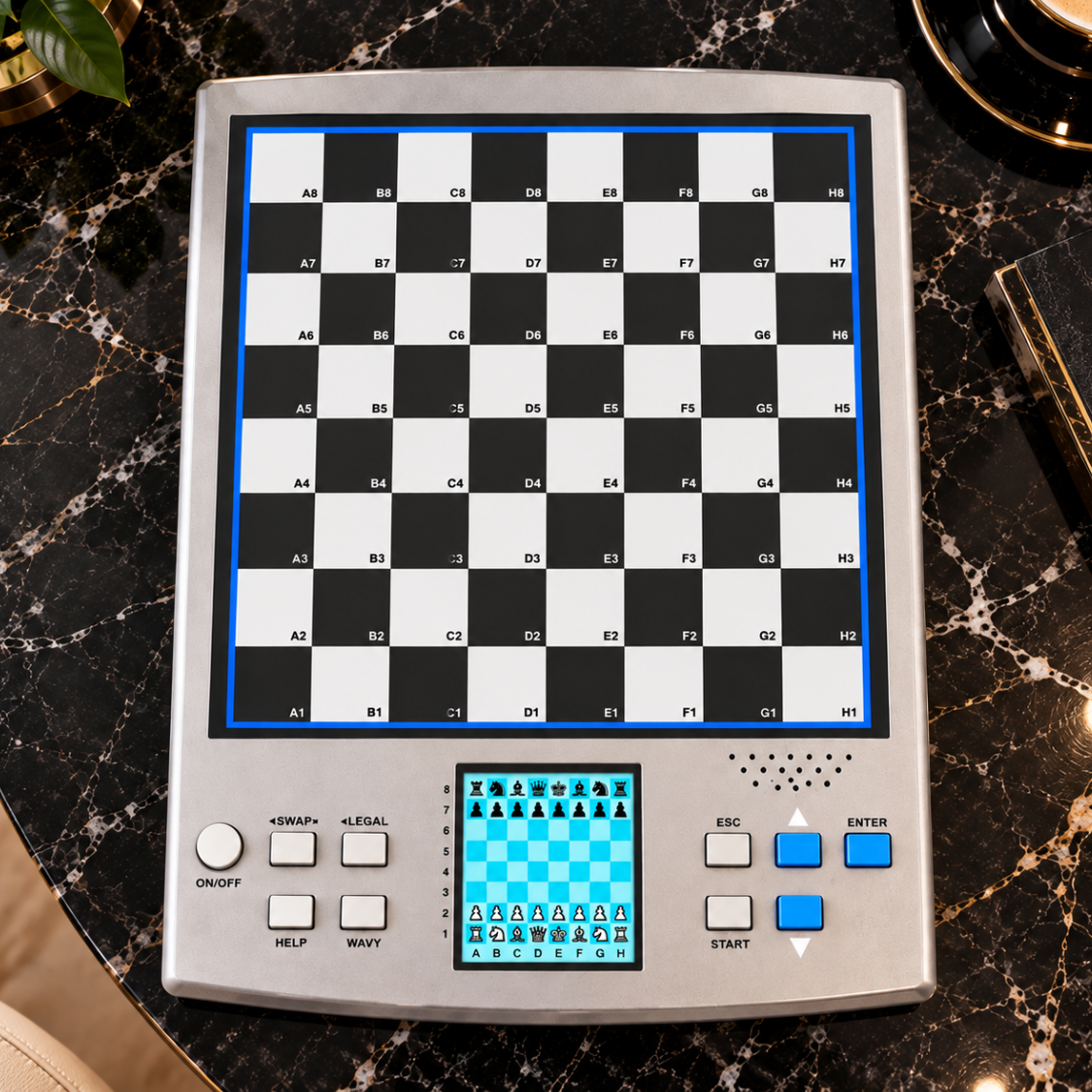 Échiquier électronique blanc cassé sans pions, vu de dessus sur une table en marbre noir, avec plateau aux coordonnées A1 à H8, écran LCD central et boutons de commande.