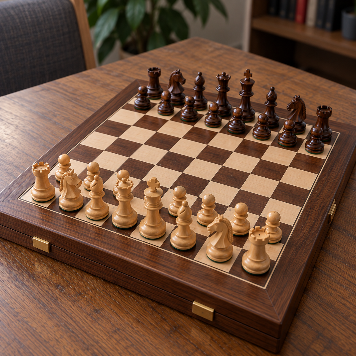 Échiquier magnétique avec pièces d’échecs, présenté dans un coffret de rangement élégant sur une table en bois.