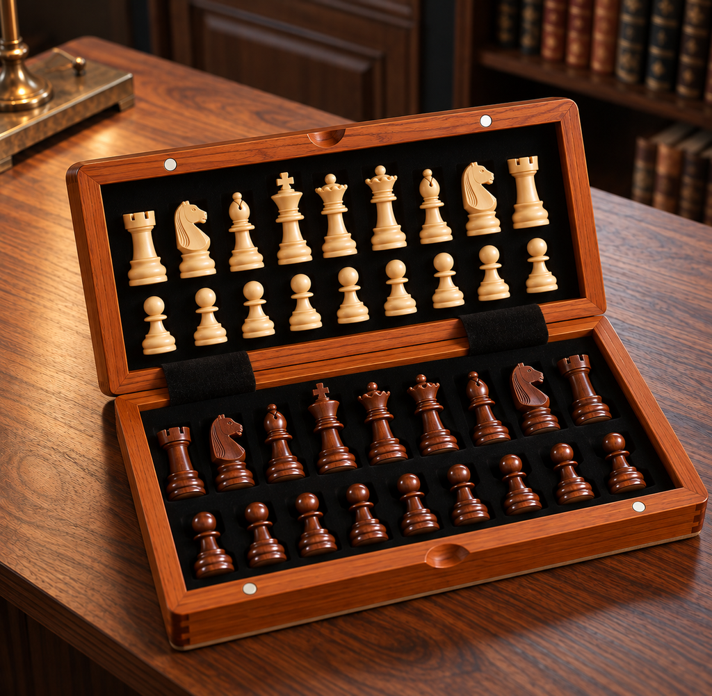 Échiquier pliant en bois de 34 x 34 cm avec pièces magnétiques, 34 pièces dont 2 dames supplémentaires, en bois clair et brun rouge.