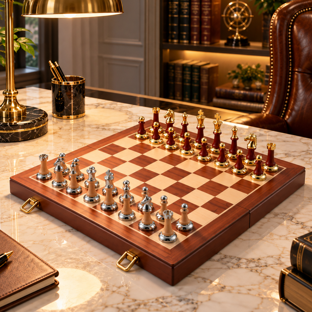 Échiquier pliable en acajou avec cases claires et acajou veinées, pièces d’échecs dorées et argentées, présenté sur une table en marbre dans un bureau élégant.