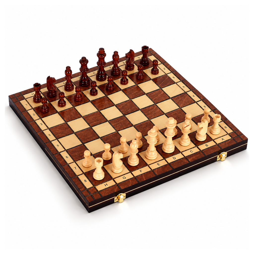 Échiquier en bois pliable de 44 x 44 cm, avec cases claires et brun foncé veinées, coordonnées A-H et 1-8 sur la bordure, accompagné de 32 pièces en bois tourné de style Staunton, claires et brun foncé, rangées dans le coffret.