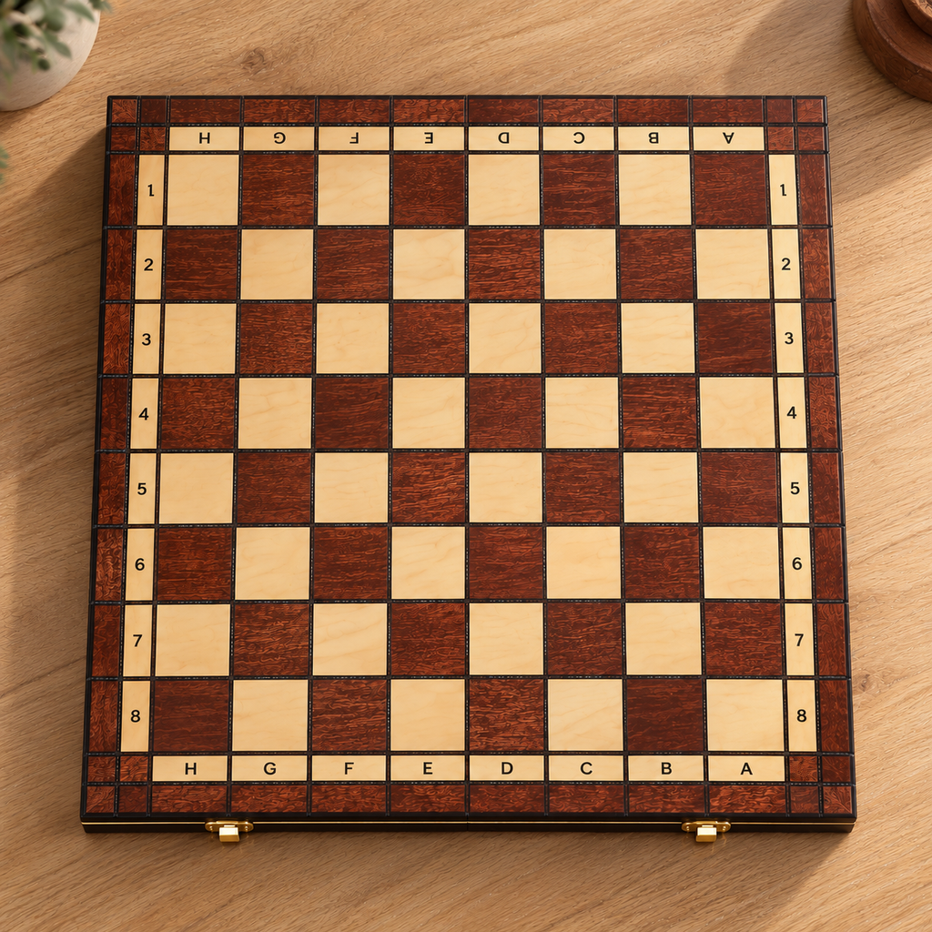 Échiquier pliable en bois de 44 x 44 cm posé sur une table en bois clair, avec cases claires et brun foncé veinées et coordonnées A-H et 1-8 visibles sur la bordure.