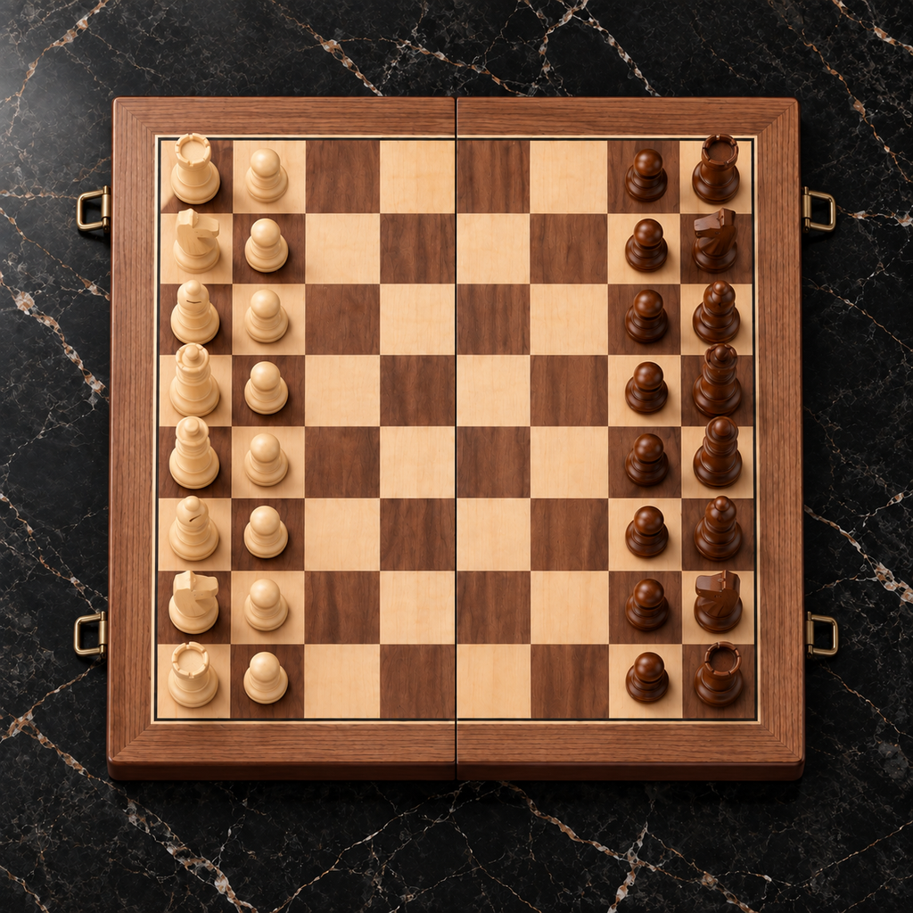 Vue de dessus d’un échiquier pliable en bois, avec cases claires et brunes veinées et pièces en bois clair et foncé, posé sur un marbre noir veiné.