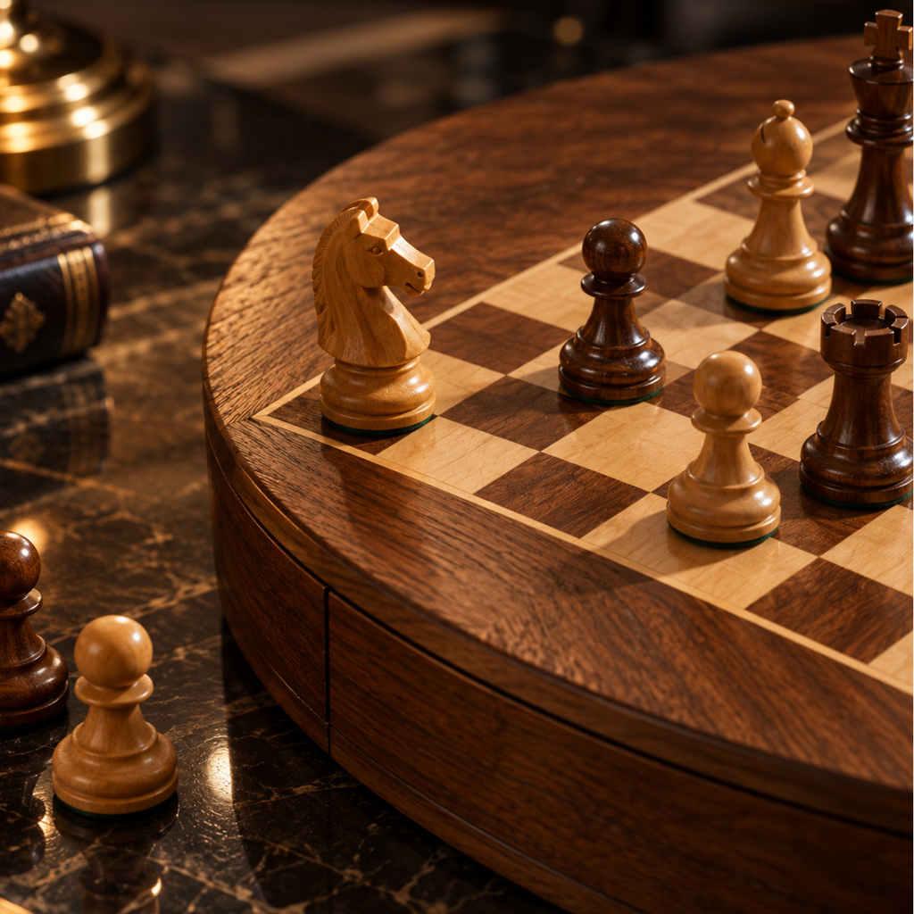 Gros plan sur un échiquier rond en noyer avec damier incrusté et pièces d’échecs en bois clair et foncé, présenté sur un bureau en marbre noir.