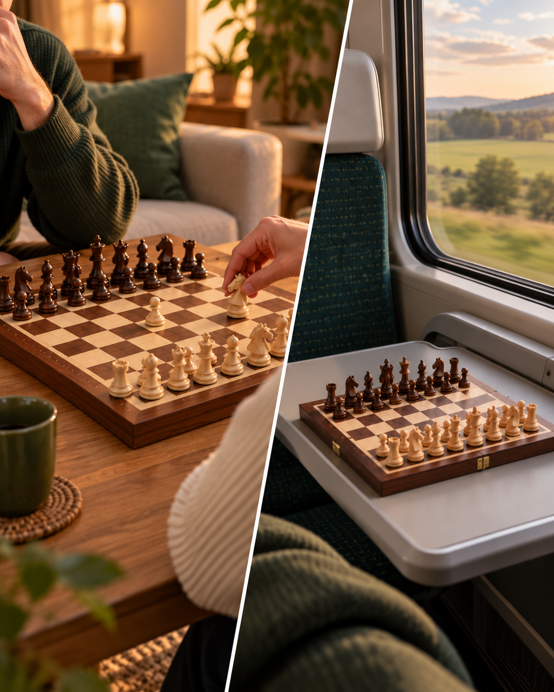 Partie sur un échiquier en bois et jeu d'échecs magnétique en voyage Image