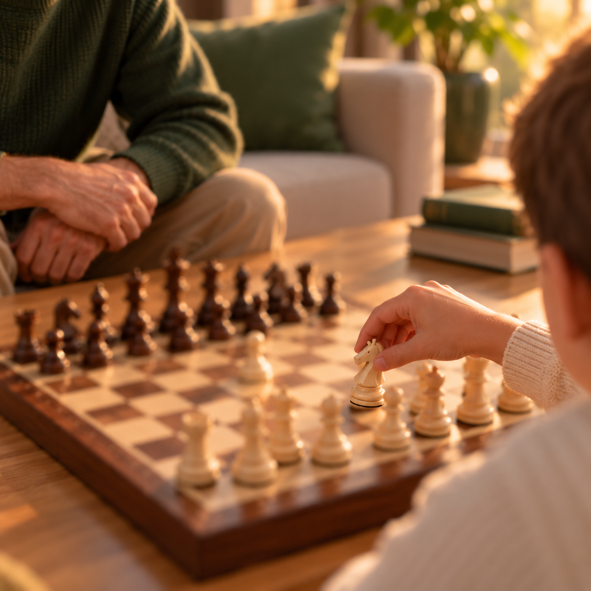 Partie d'échecs en famille sur un échiquier en bois Image